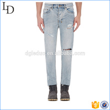 Denim blue high waisted jeans knee hole jogger pants style for men